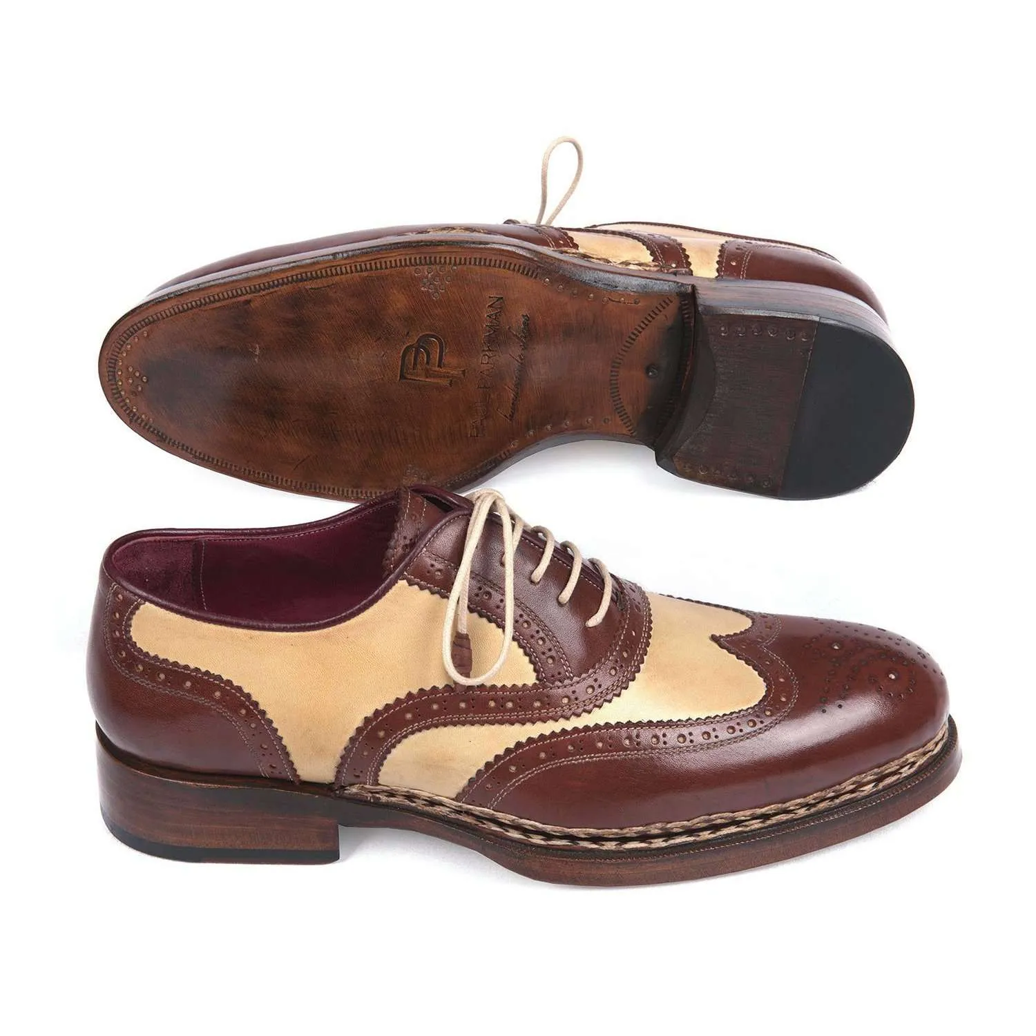 Paul Parkman Handmade Designer Shoes Triple Leather Sole Goodyear Welted Wingtip Brogues Dual-tone Beige & Brown Oxfords (PM5614)
