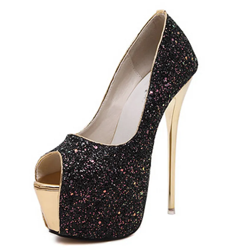 Peep Toe Shimmery Rhinestone Embellished Stiletto Pumps