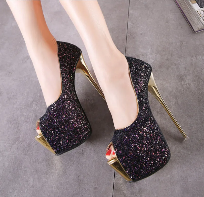 Peep Toe Shimmery Rhinestone Embellished Stiletto Pumps