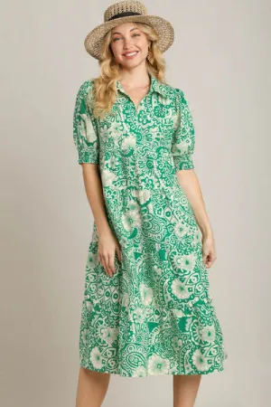 Printed Puff Sleeve Midi Dress