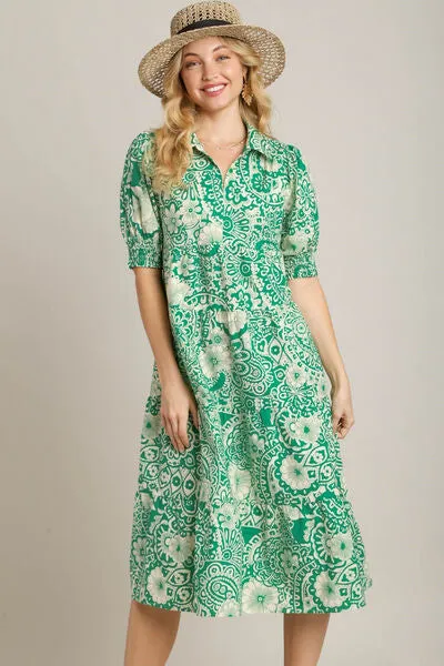 Printed Puff Sleeve Midi Dress
