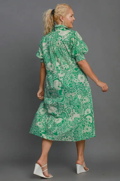 Printed Puff Sleeve Midi Dress