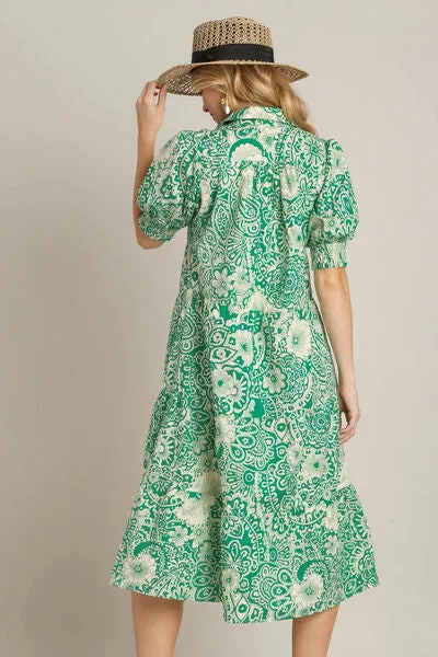 Printed Puff Sleeve Midi Dress