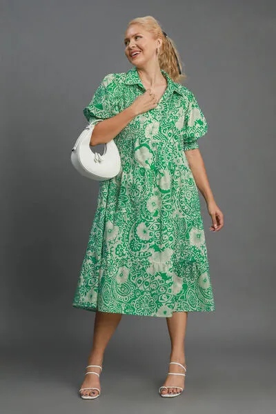 Printed Puff Sleeve Midi Dress