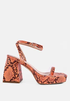 such flirt snake print triangular block heel sandals