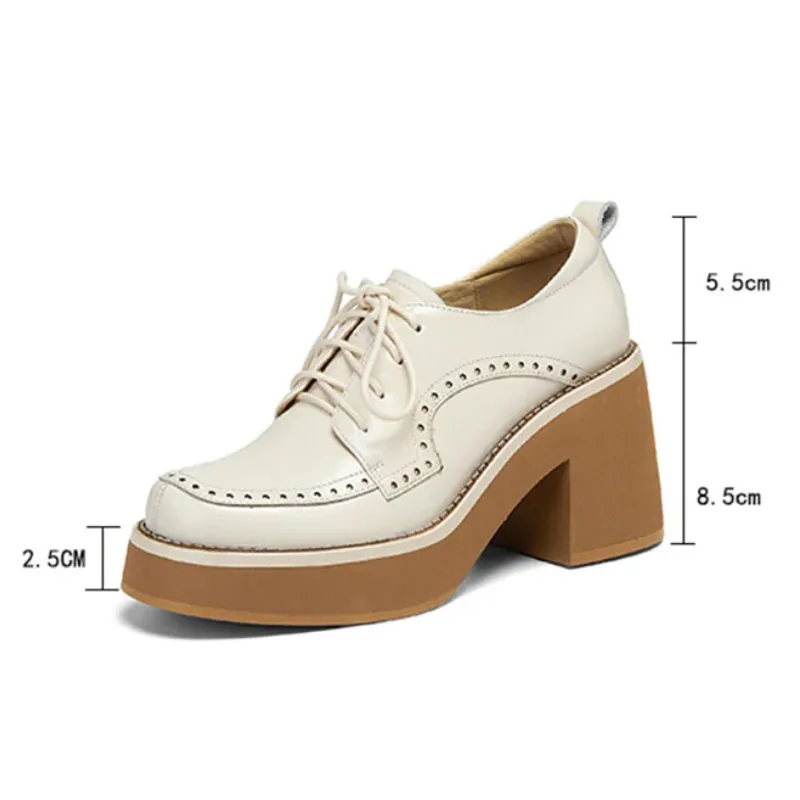 Vintage Thick High-heeled Vegan Leather Lace-up Brogues Shoes