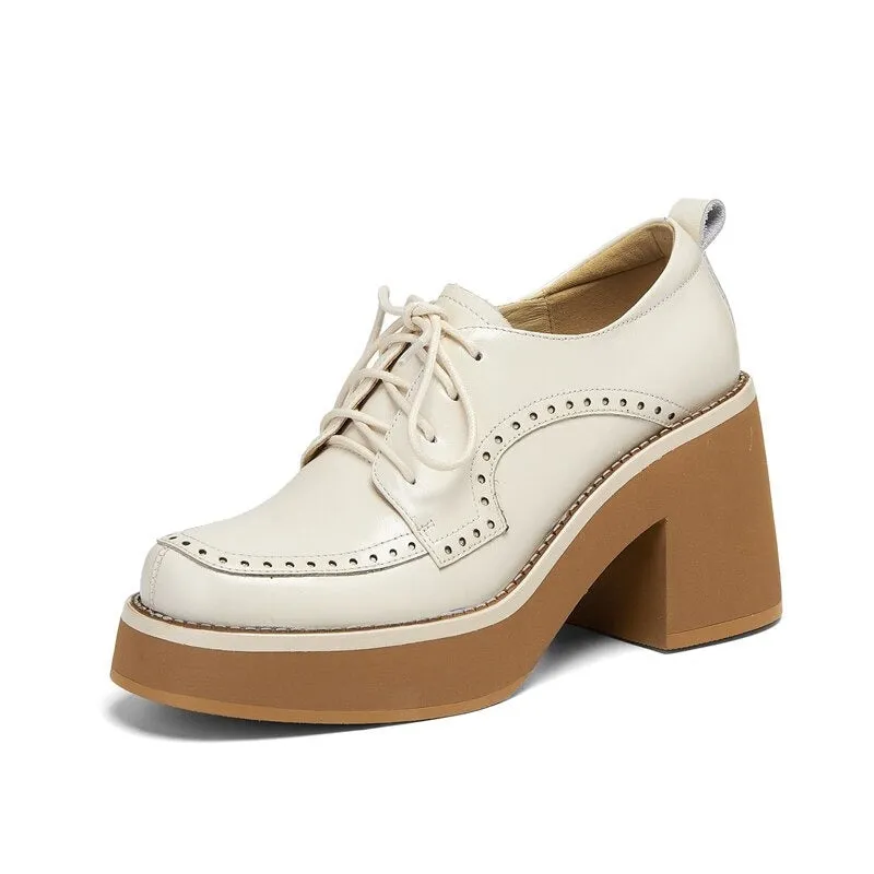 Vintage Thick High-heeled Vegan Leather Lace-up Brogues Shoes