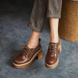 Vintage Thick High-heeled Vegan Leather Lace-up Brogues Shoes