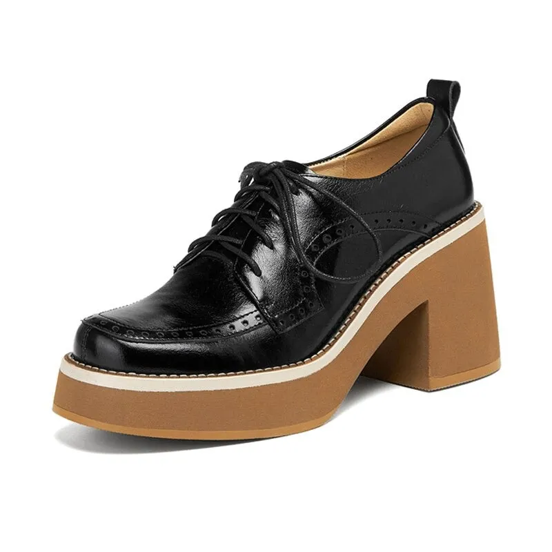 Vintage Thick High-heeled Vegan Leather Lace-up Brogues Shoes