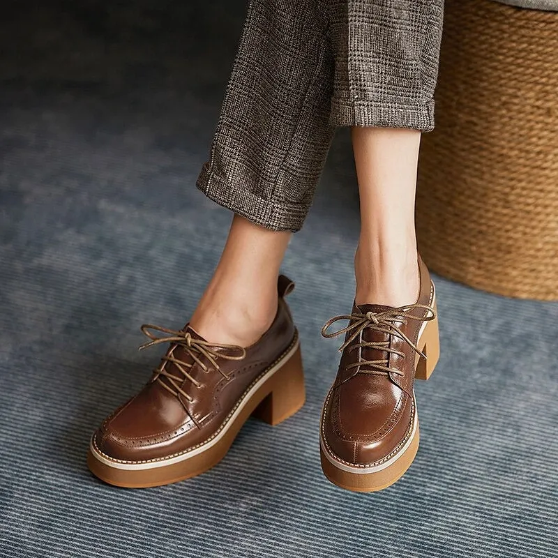 Vintage Thick High-heeled Vegan Leather Lace-up Brogues Shoes