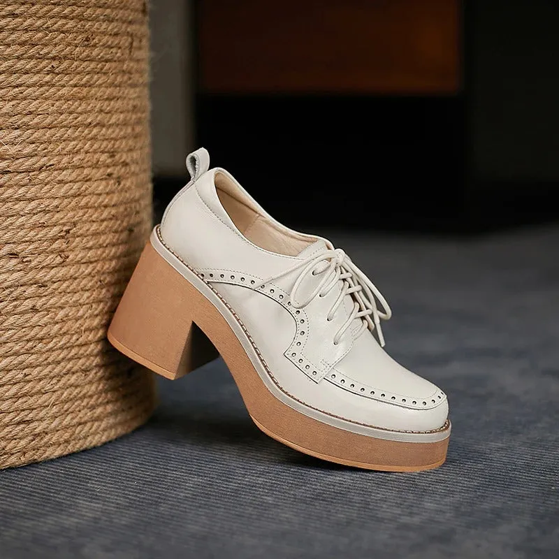 Vintage Thick High-heeled Vegan Leather Lace-up Brogues Shoes