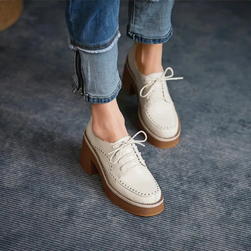 Vintage Thick High-heeled Vegan Leather Lace-up Brogues Shoes