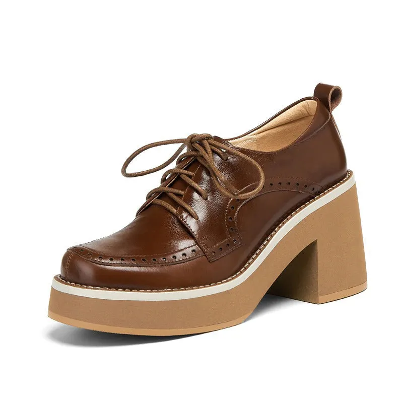 Vintage Thick High-heeled Vegan Leather Lace-up Brogues Shoes