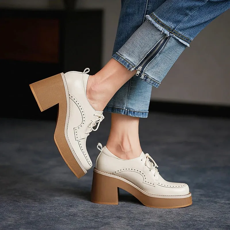 Vintage Thick High-heeled Vegan Leather Lace-up Brogues Shoes