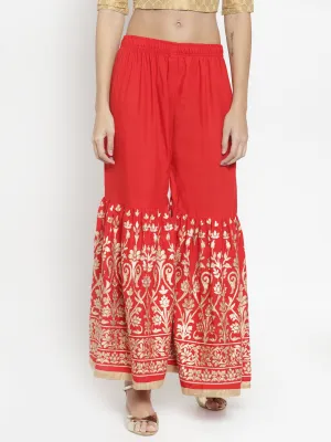 Women'S Red Flared Printed Rayon Gharara