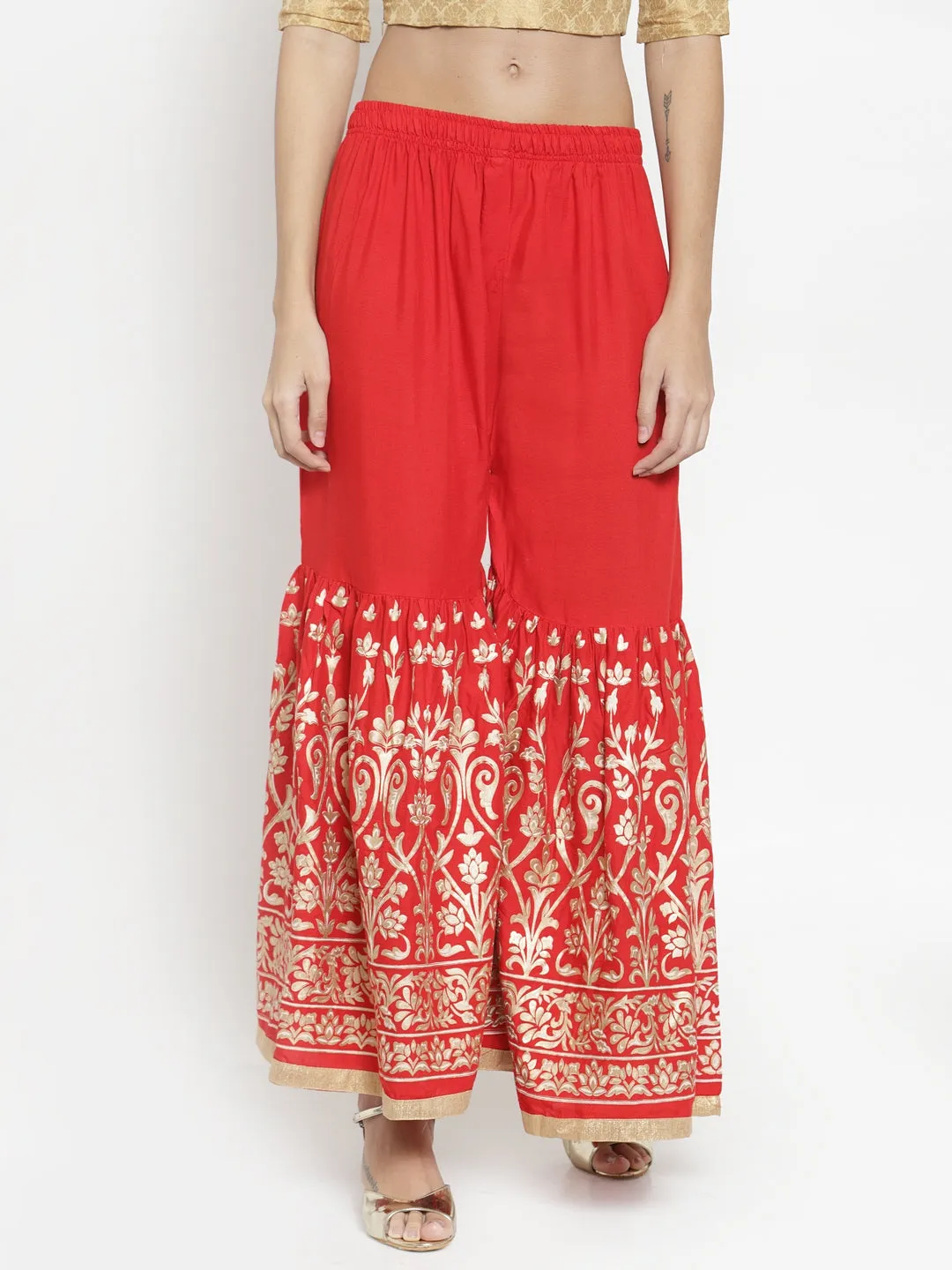 Women'S Red Flared Printed Rayon Gharara